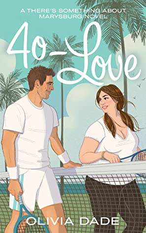 Illustrated cover featuring a fat white woman in a white tee and black leggings, with long brown pigtails smiling across a tennis net at a tall, slim, brown-haired white man in tennis whites on a tropical island