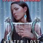 Image of a Native American woman wearing a dark tank top and holding a lyre covered in frost. The lyre has a wolf or dog's head at either end at the top and the bottom bit has a woman's face in the middle to decorate. The background is a snowy night sky.