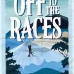 Illustrated cover all in tones of blue showing a couple embracing on a racecourse, mountains in the background.
