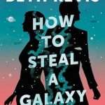 Illustrated cover mainly in teal/blue. There is a space scene with stars and planets all over and a black silhouette of a coule with their backs to each other and a teal blue swirl almost like smoke rising all of which have stars and planets scattered throughout. There are a couple of tiny spaceships as well. At the bottom of the cover the colour palette changes to pinks/orange like a sunset and there is a building which looks like it could be a government type building or a fancy mansion at the foot of the cover in the centre, in white.