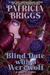 Illustrated cover in dark maroon and purple tones featuring a close up of a section of a pretty white woman's face with sparkling purpole eyes and maroon hair, partially obscured by a maroon coloured werewolf/wolf with golden eyes. She is holding a sharp knife which is visible in front and to the right of the wolf and there are also purple/black roses in full bloom scattered around the cover.