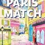 Colourful illustration of a cobbled Parisian street in pinks, greens, yellows and blues, with a white couple kissing in the right foreground