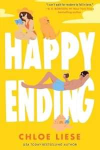 Illustrated cover with a yellow background featuring large white titles. A pretty white woman with dark hair wearing a red bikini and a sunhat reads a book with a golden retriever dog nearby on top of "Happy" and a handsome white guy in blue swim shorts relaxes with a cocktail on "ending". There's a sandcastle at the bottom of the titles.