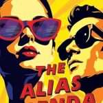 cartoon style illustrated cover with a yellow/orange sunray style background featuring the faces of two attractive white people, a woman on the left and a man on the right, both looking very cool and wearing sunglasses - hers have red frames and blue lenses, his are black on black. The title is in red.